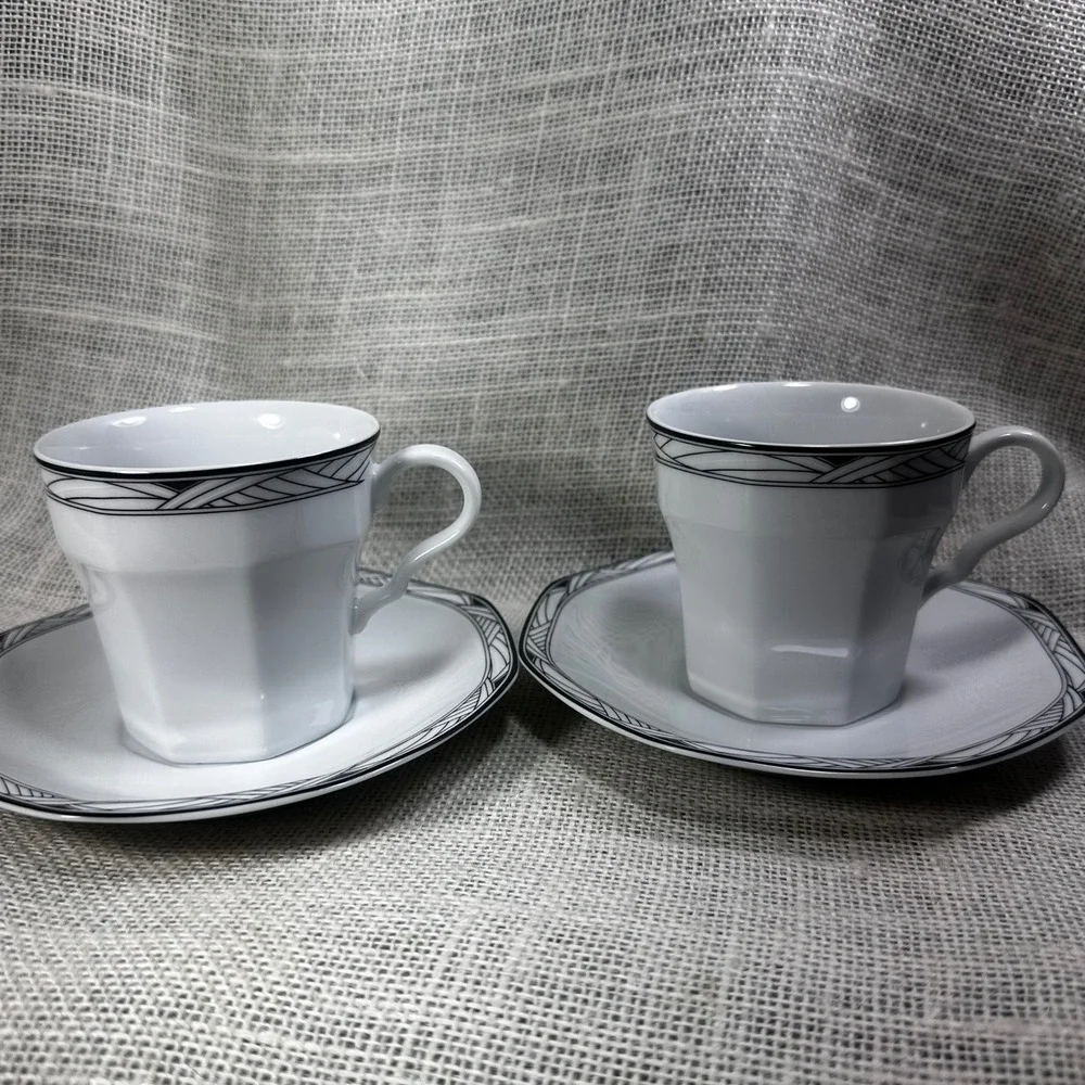 Studio Nova Synthesis Y0031 Octagonal Tea Cup Saucer Set Black Grey White 2pc